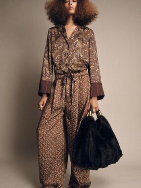 Zara Burgundy Paisley Wide-Leg Drawstring Pants